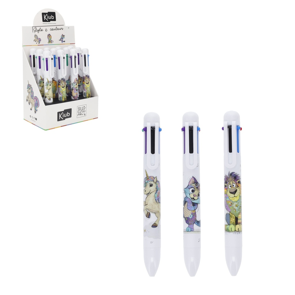 STYLO 6 COULEURS EN DISPLAY KOOKS ASSORTIS LICORNE CHATON DANS LION