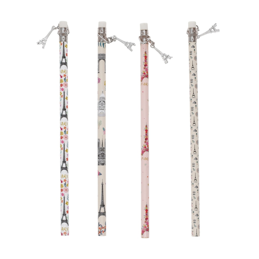 CRAYON A PAPIER + GOMME + CHARMS PARIS JE T ADORE ASSORTIS