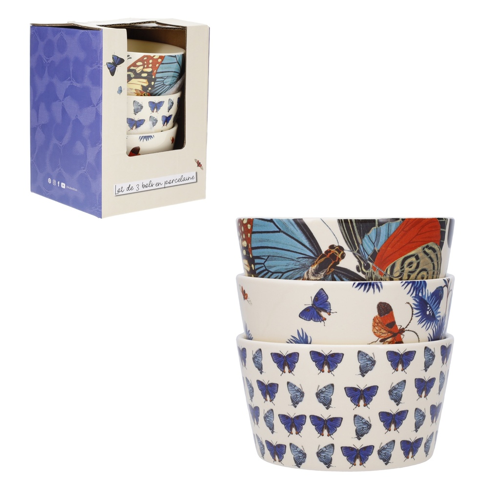 LOT DE 3 BOLS APERO 10 CM + BOITE OUVERTE ENCYCLOPEDIA PAPILLONS BLEU