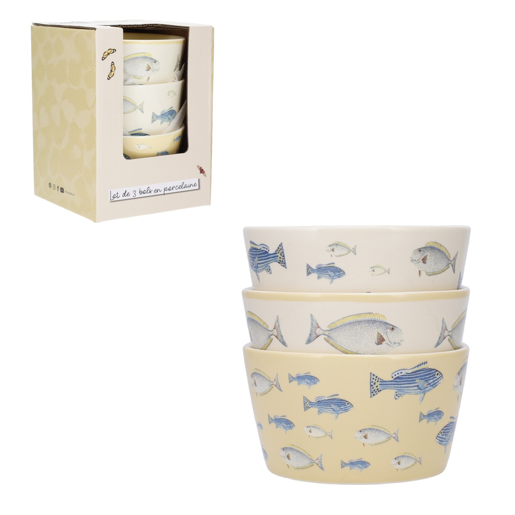 LOT DE 3 BOLS APERO 10 CM + BOITE OUVERTE ENCYCLOPEDIA POISSONS JAUNE