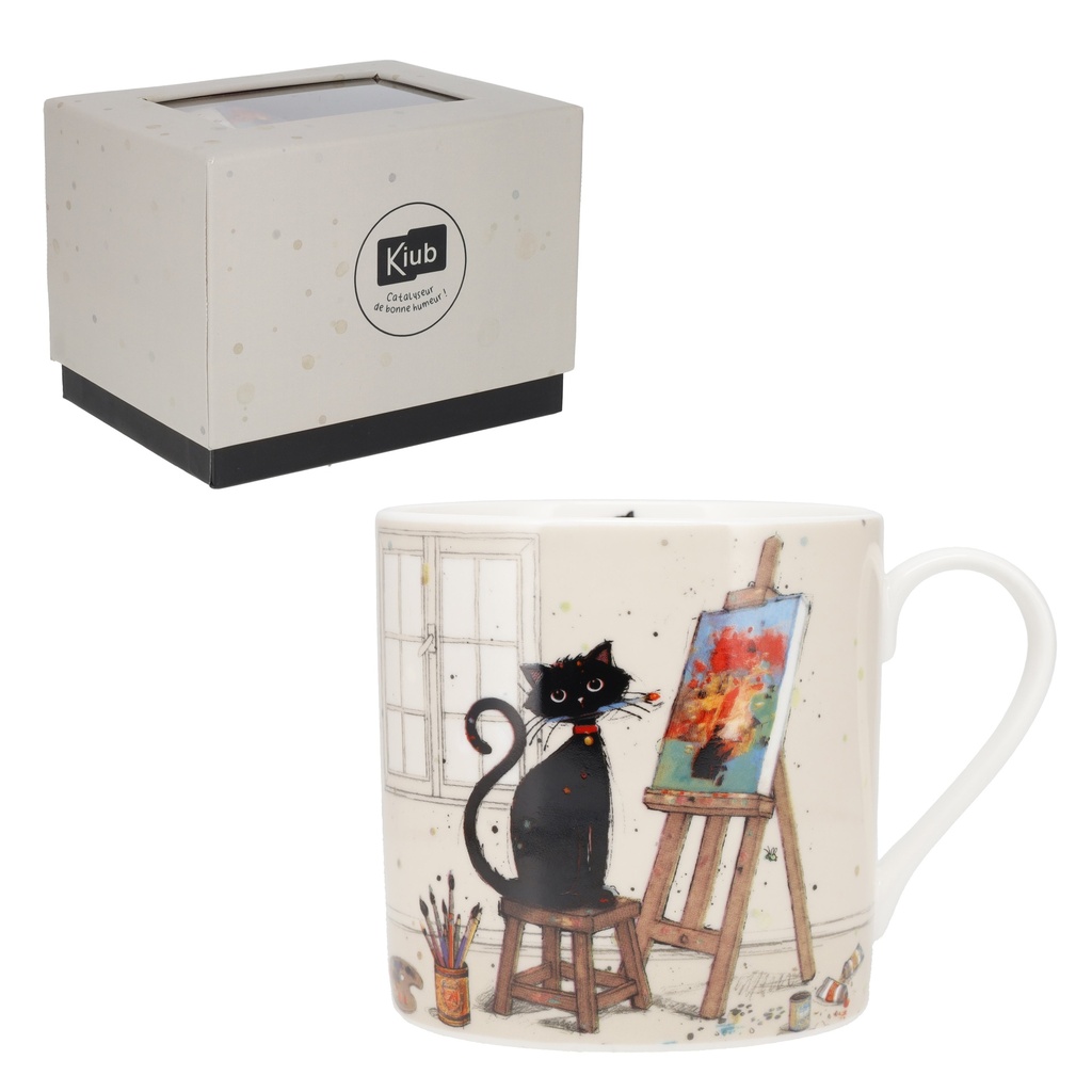 MUG XL DROIT 425 ML PORCELAINE + BOITE CADEAU BUG ART CHAT PEINTRE