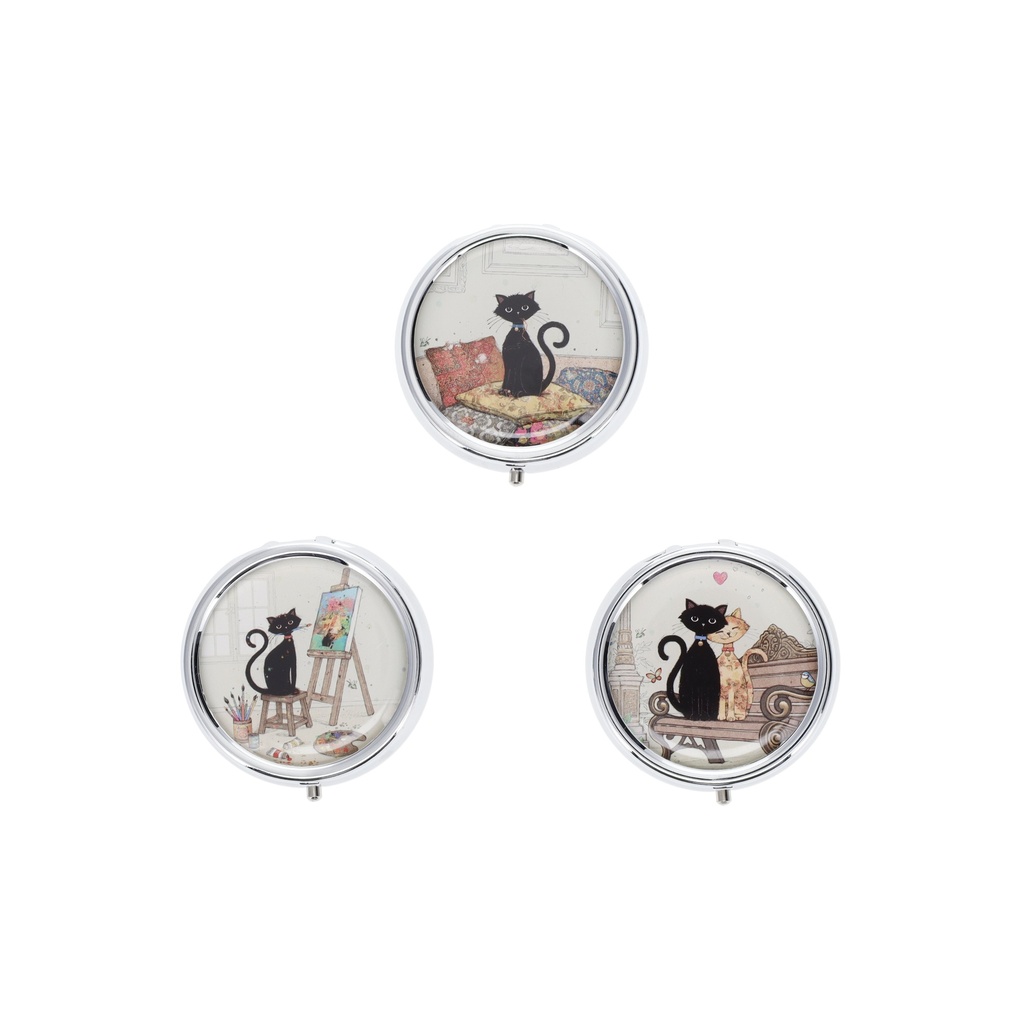 BOITE A PILULES RONDE METAL BUG ART CHATS ASSORTIS