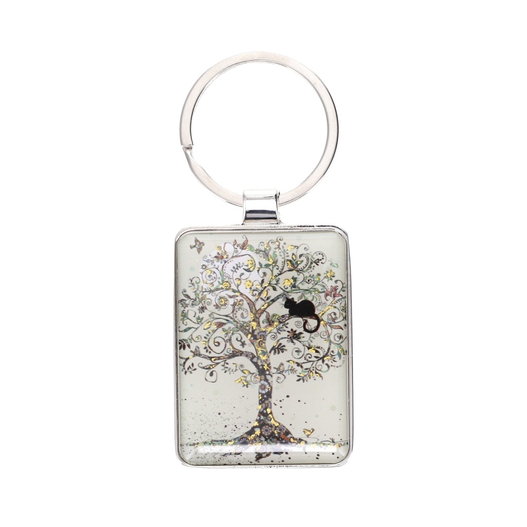PORTE CLE RECTANGLE BUG ART CHAT ARBRE DE VIE