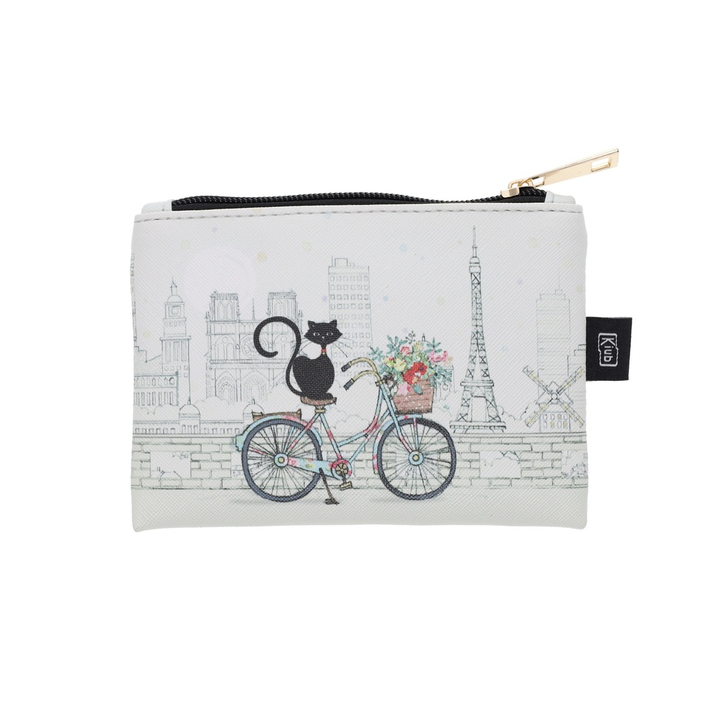 PORTE MONNAIE PU PLAT 10X14 CM BUG ART PARIS CHAT VELO