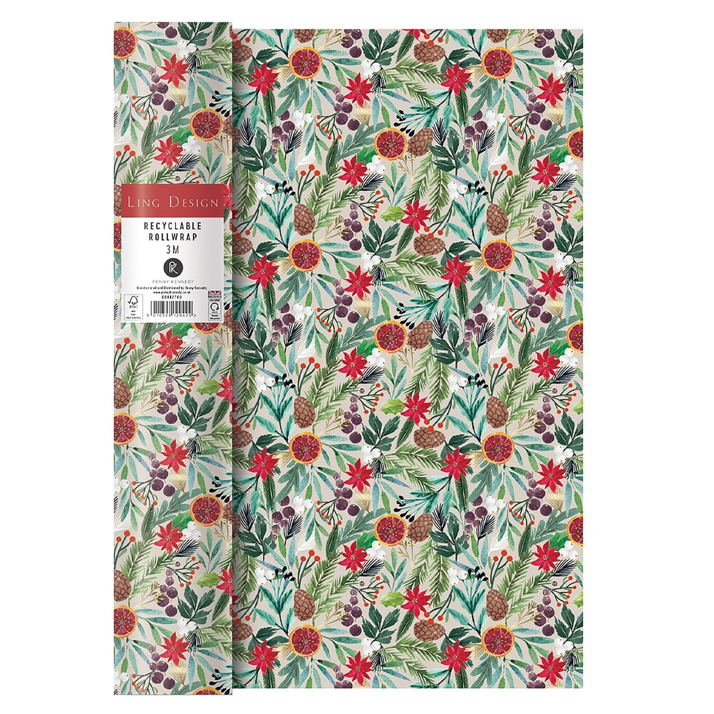 PAPIER CADEAU 70 X 300 CM - SIGNATURE NOEL LING DESIGN FEUILLAGE ET ORANGE