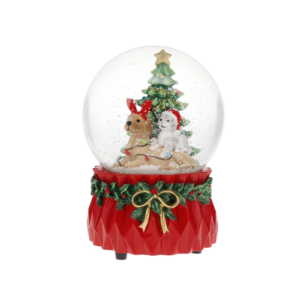 BOULE A NEIGE MUSICALE 100 MM NOEL CHIEN CHAT