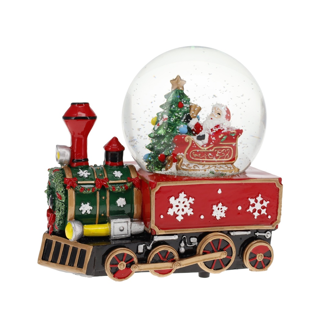 BOULE A NEIGE MUSICALE 100 MM PERE NOEL TRAIN