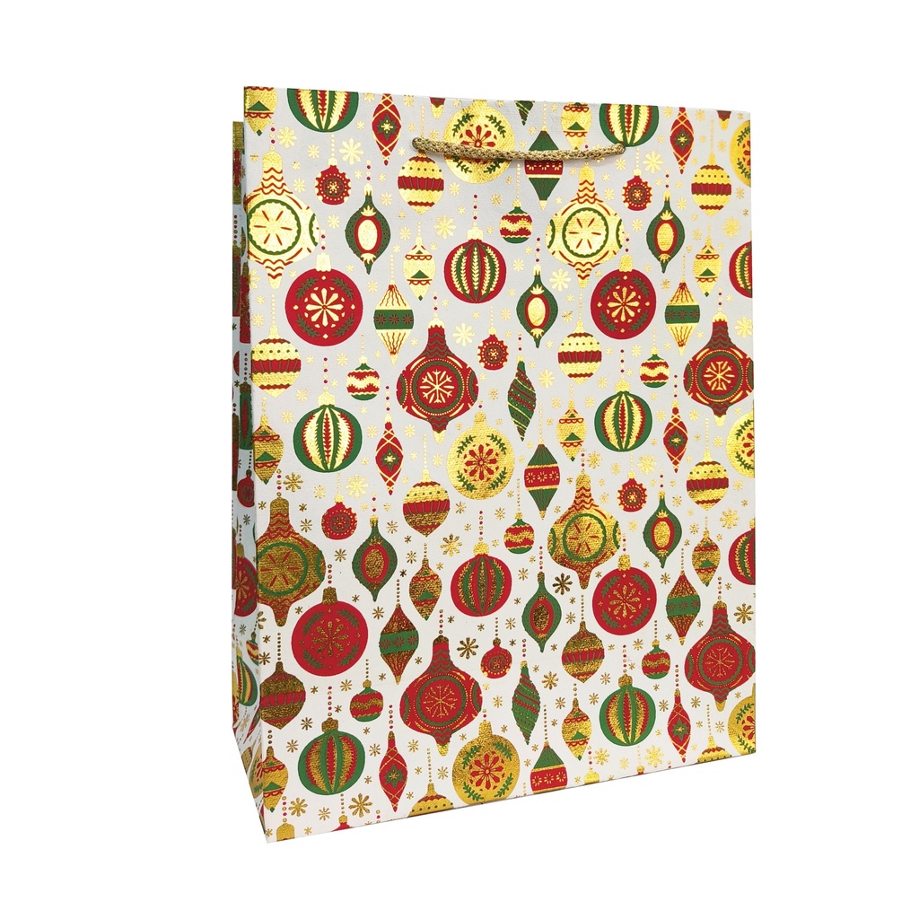 SAC CADEAU GM - NOEL BLANC BOULES ROUGE VERT OR