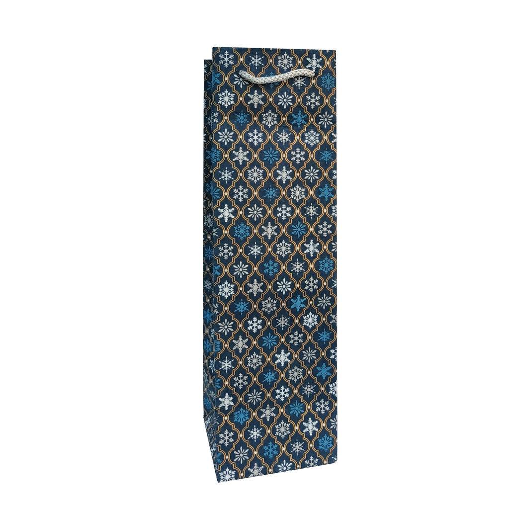 SAC CADEAU BOUTEILLE - NOEL BLEU MARINE FLOCON ETOILE OR ARGENT