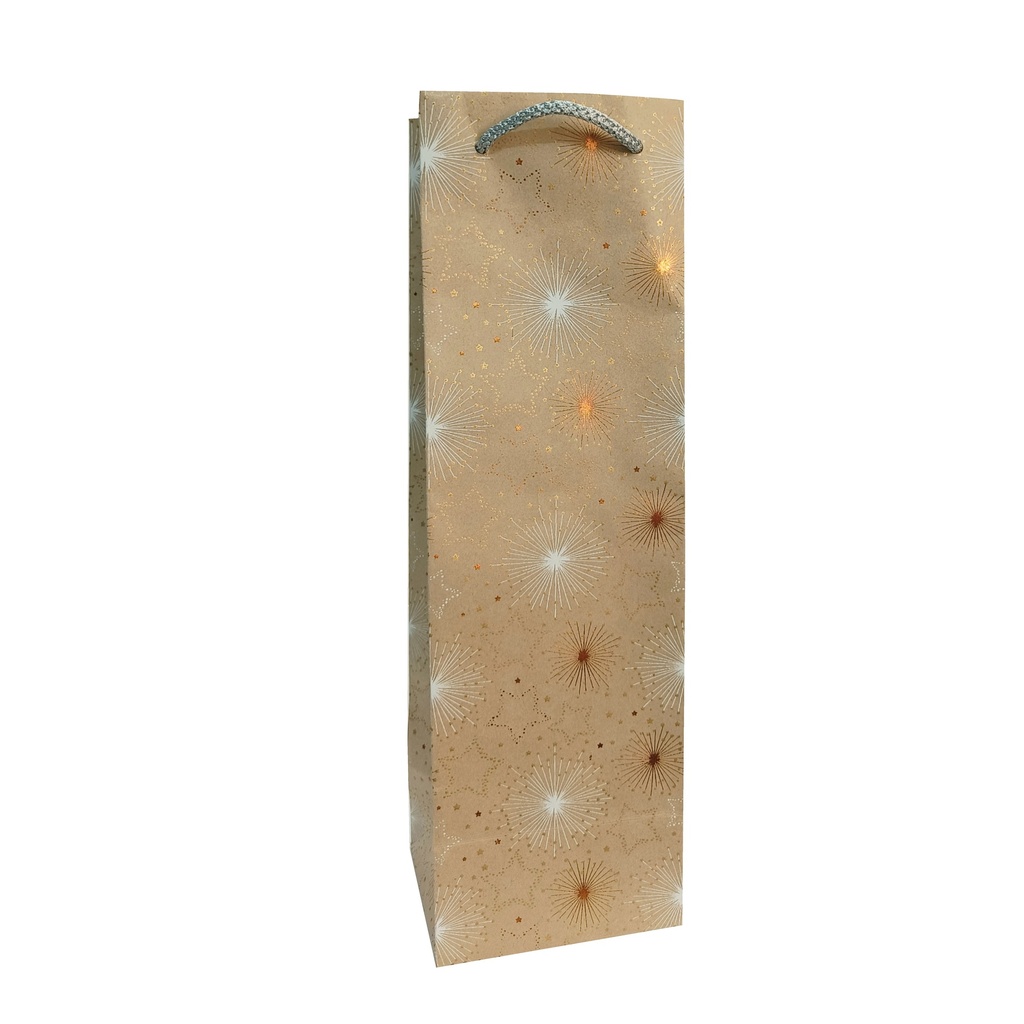 SAC CADEAU BOUTEILLE - NOEL KRAFT FLOCON ETOILE OR ARGENT