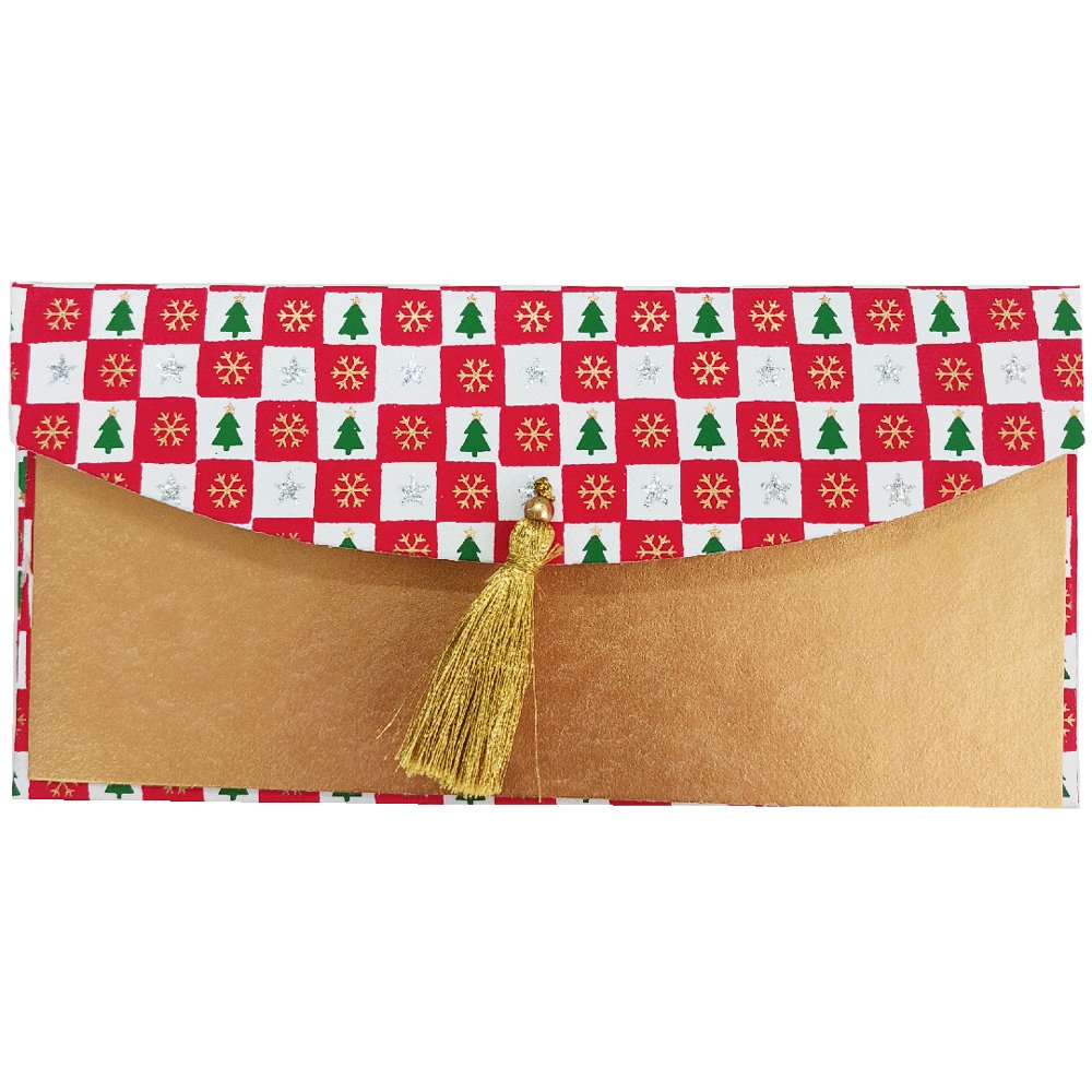 ENVELOPPE CADEAU - NOEL BLANC ROUGE DAMIER SAPIN OR ARGENT 