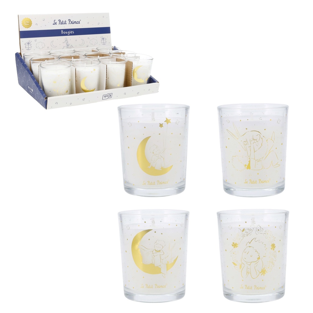 BOUGIE PARFUMEE 65 GR VERRE TRANSPARENT EN DISPLAY LE PETIT PRINCE DORE ASSORTIS