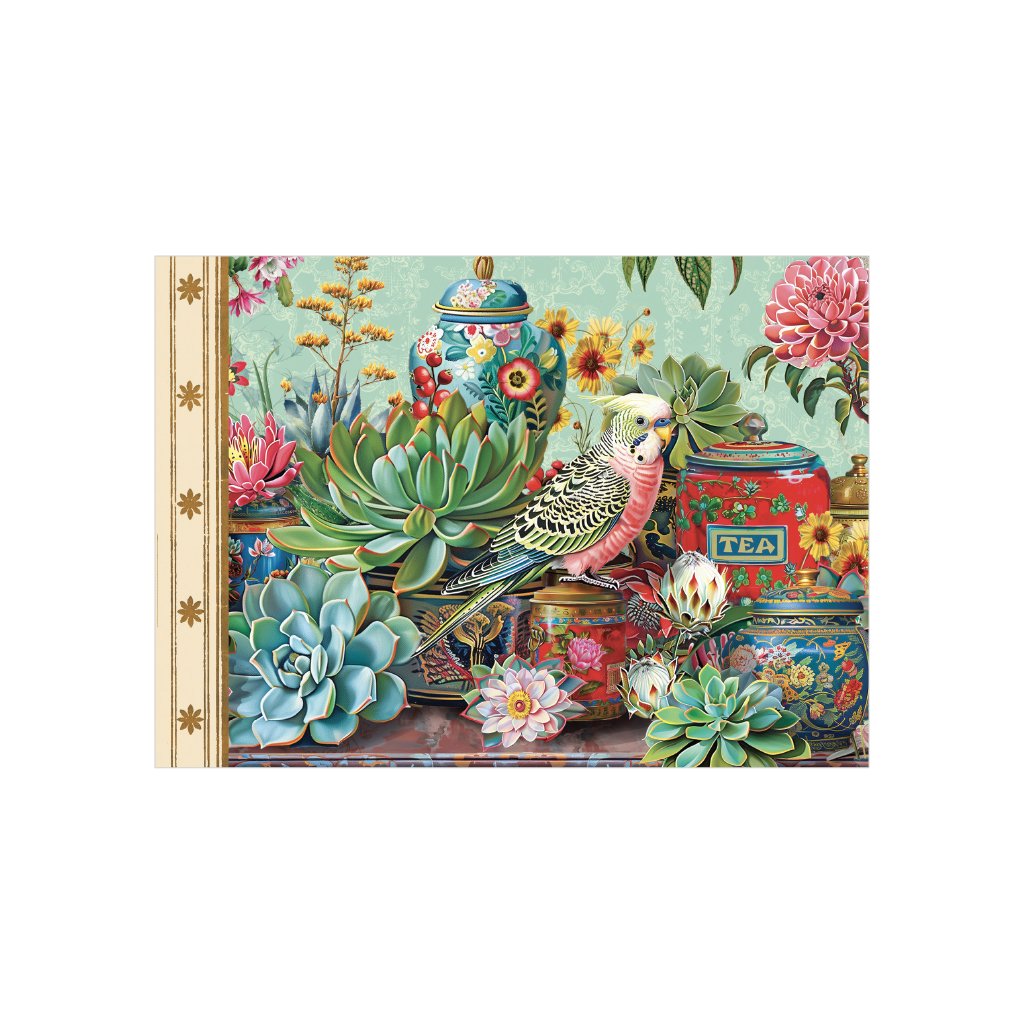 MINI CAHIER ILLUSTRE 48 PAGES 15 X 10 CM - PERRUCHE BOITE A THE