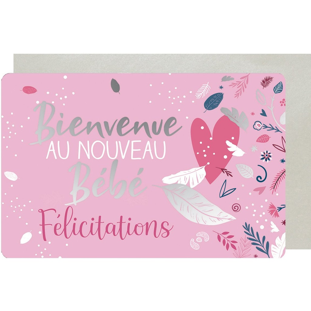 CARTE DOUBLE DES PLUMES ET DES FLEURS BEBE