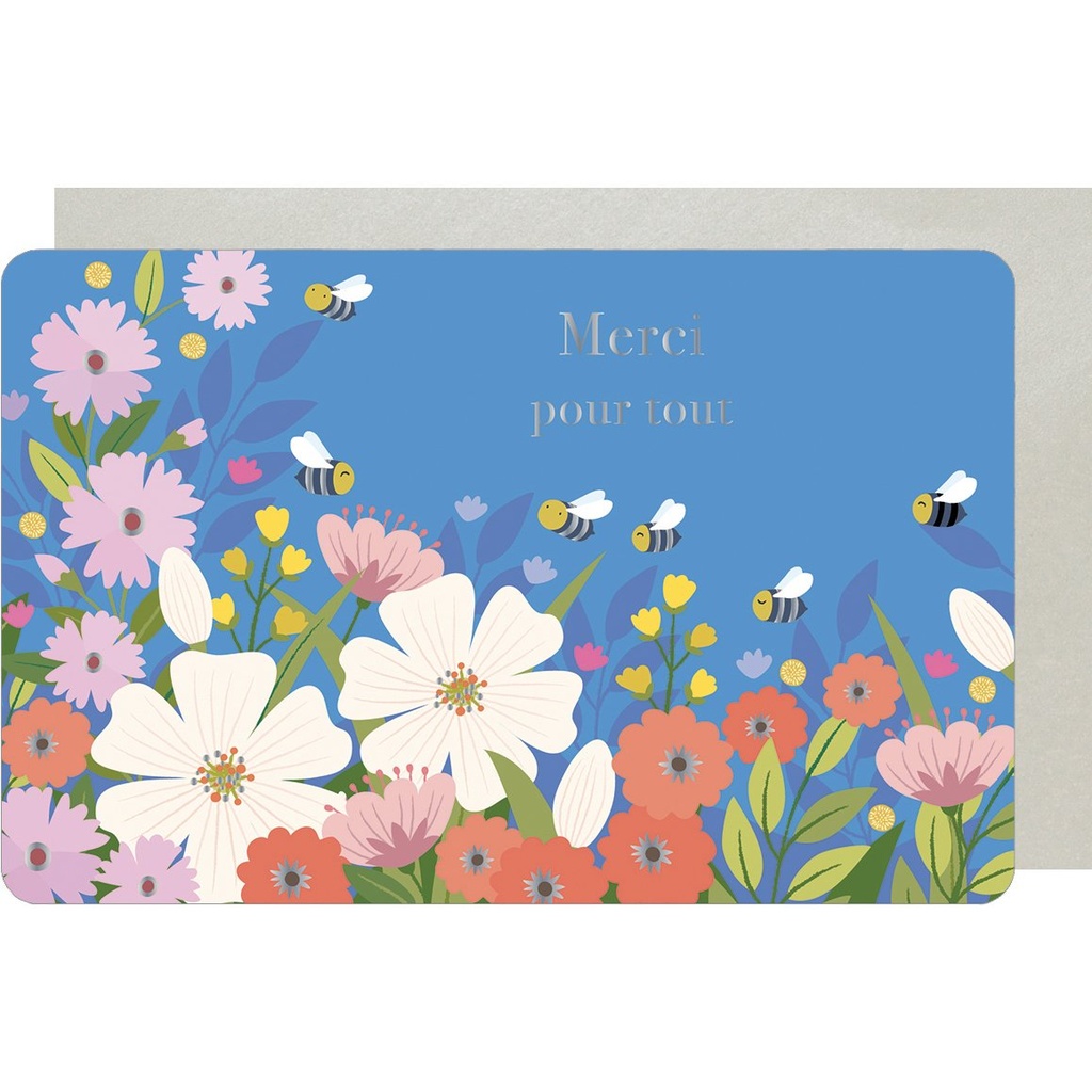 CARTE DOUBLE DES PLUMES ET DES FLEURS MERCI