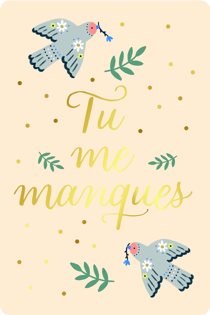 CARTE DOUBLE DES PLUMES ET DES FLEURS TU ME MANQUES