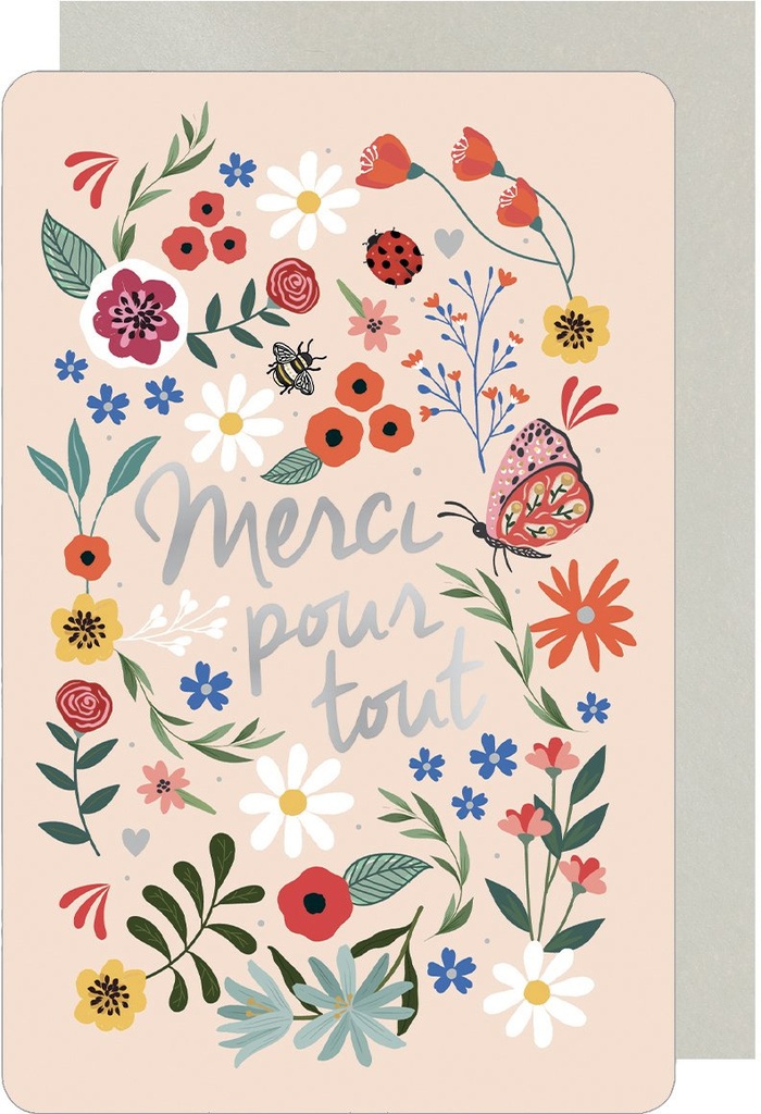 CARTE DOUBLE DES PLUMES ET DES FLEURS MERCI