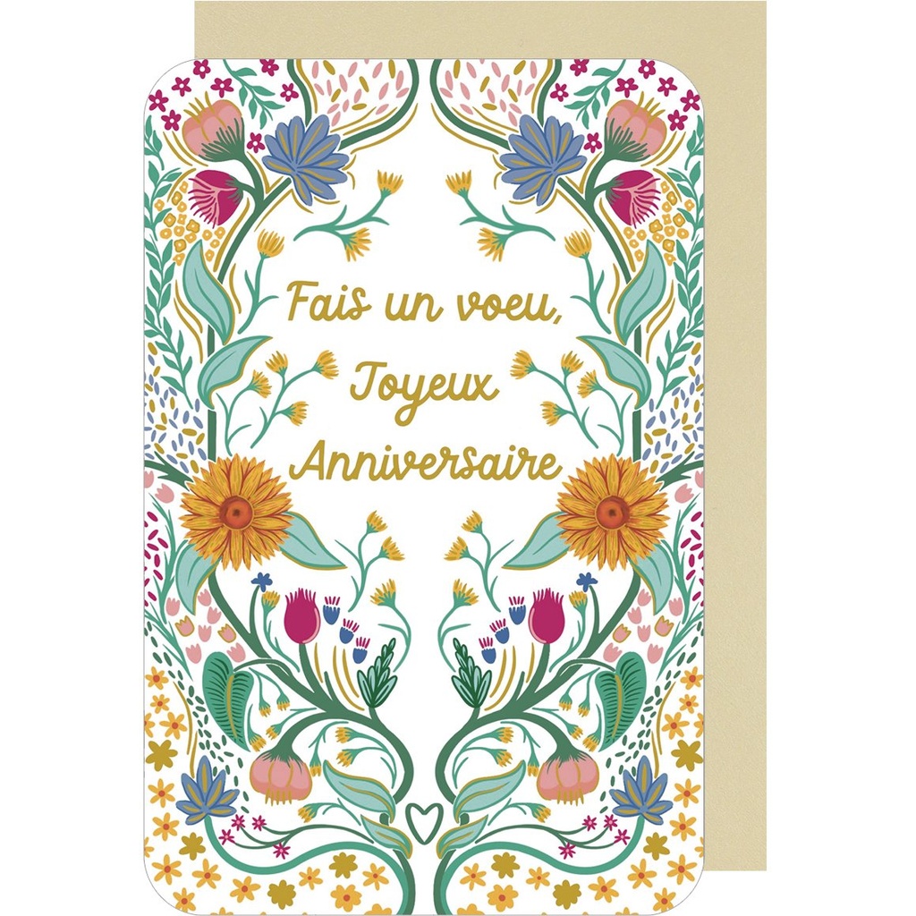CARTE DOUBLE DES PLUMES ET DES FLEURS V ANNIVERSAIRE FEMME