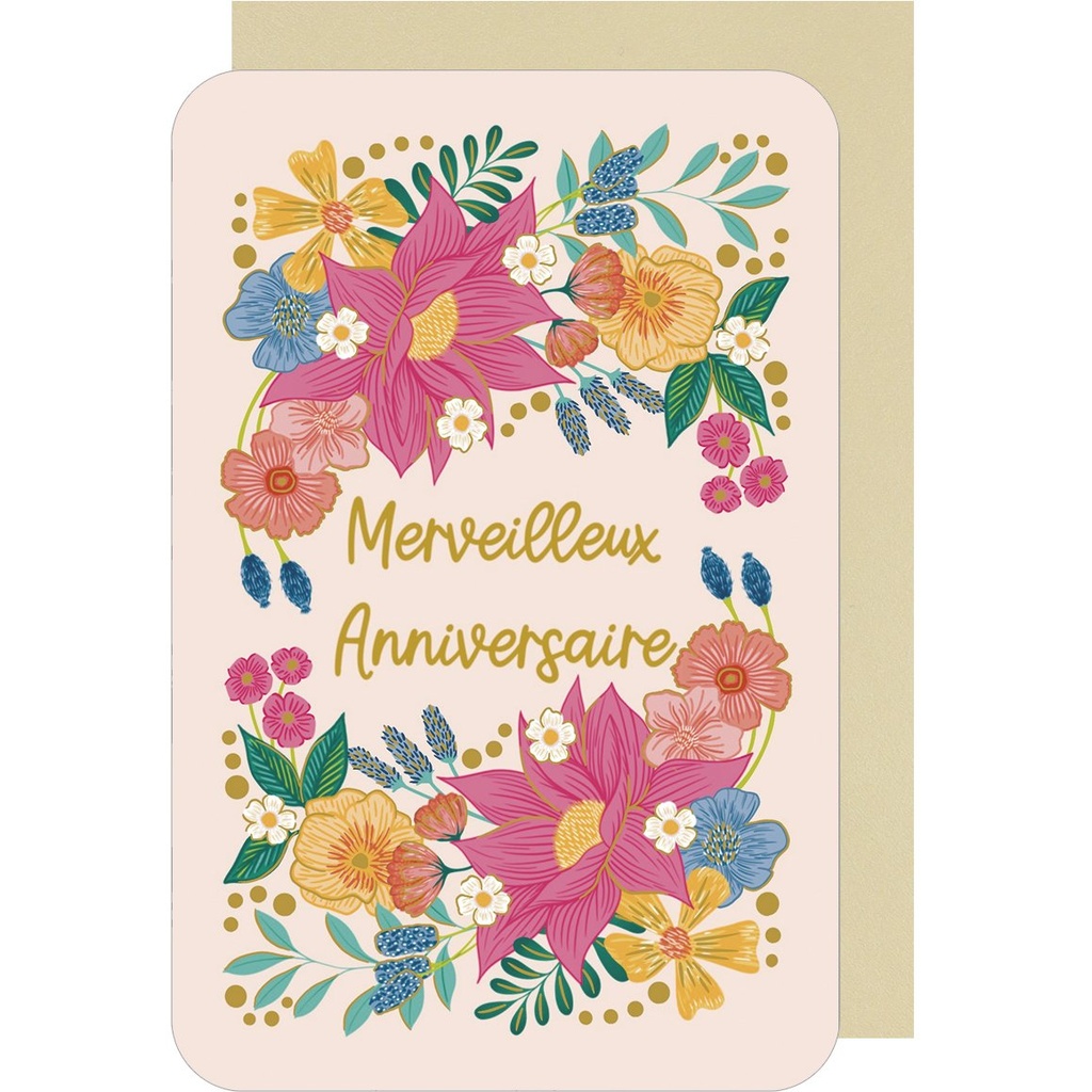CARTE DOUBLE DES PLUMES ET DES FLEURS V ANNIVERSAIRE FEMME