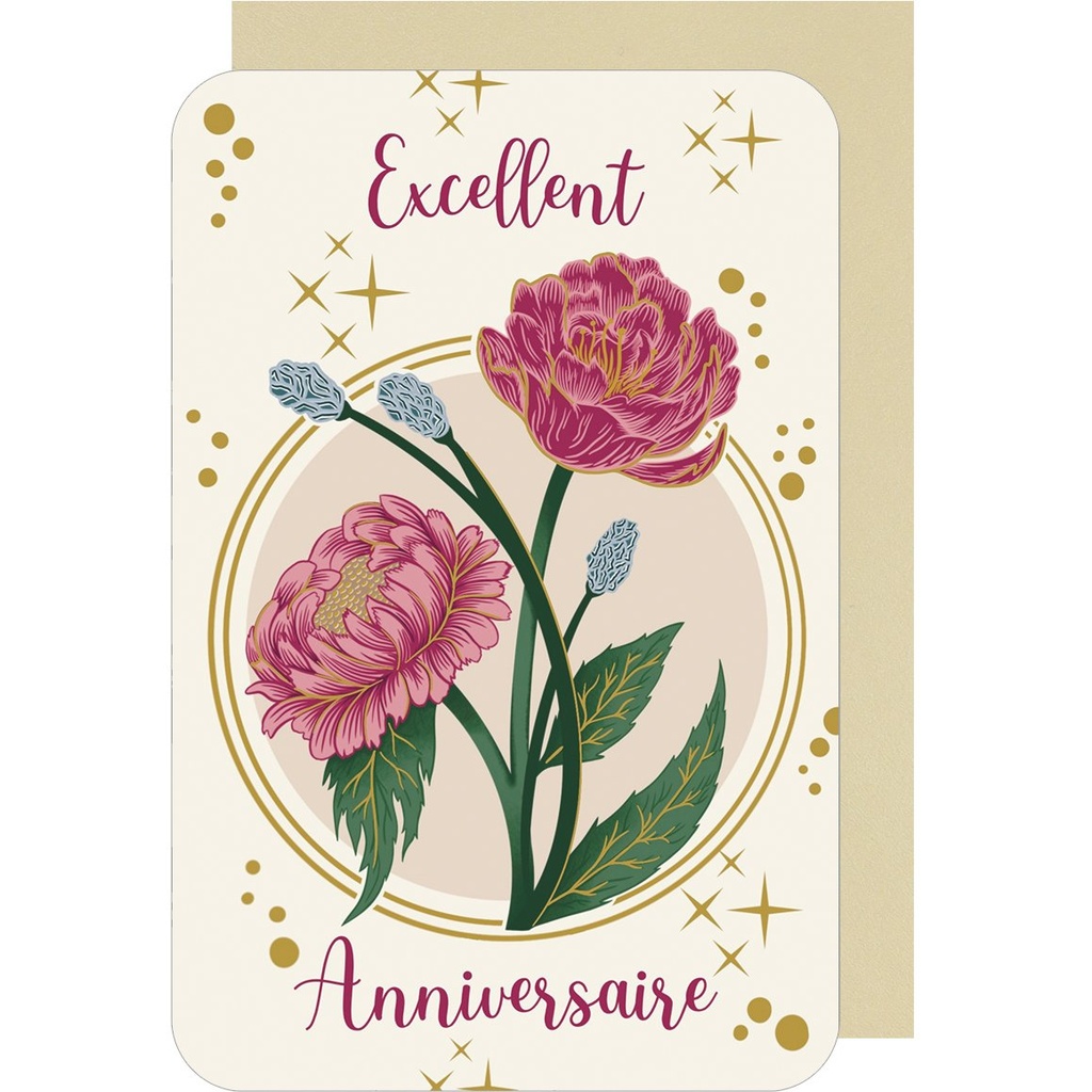 CARTE DOUBLE DES PLUMES ET DES FLEURS V ANNIVERSAIRE FEMME