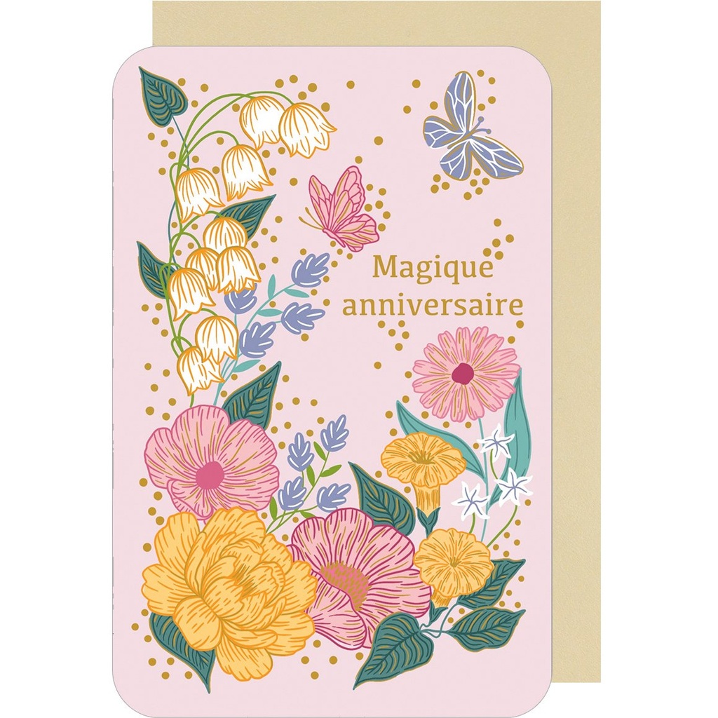CARTE DOUBLE DES PLUMES ET DES FLEURS V ANNIVERSAIRE FEMME
