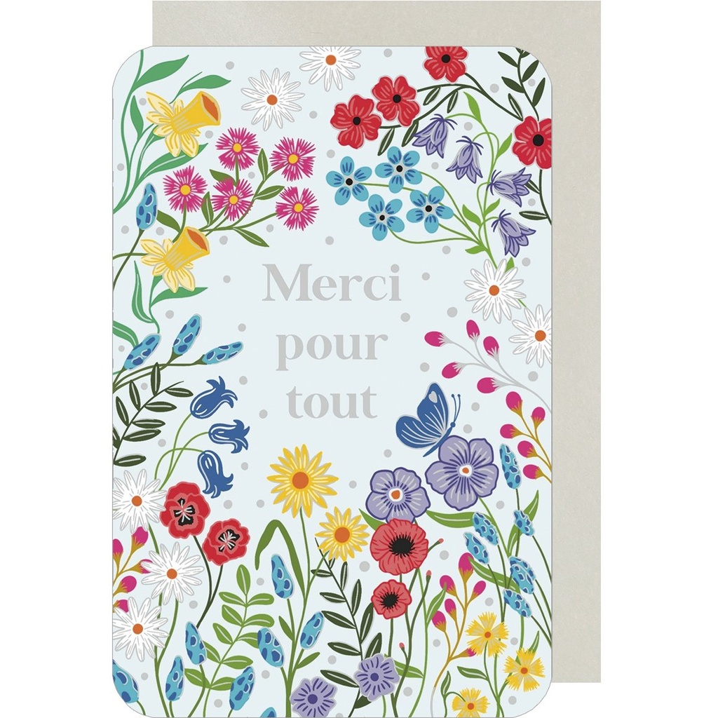CARTE DOUBLE DES PLUMES ET DES FLEURS V MERCI