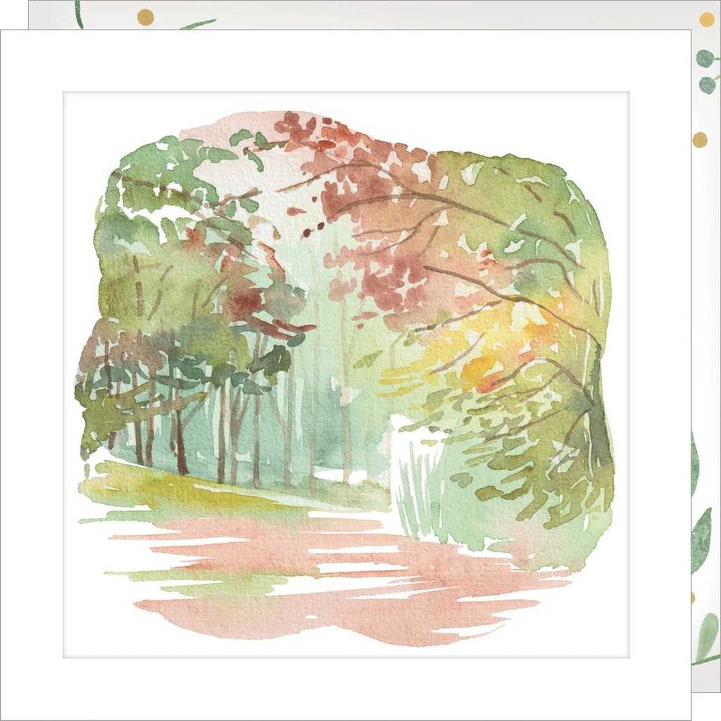 CARTE DOUBLE JOLIE AQUARELLE 15 X 15 - PAYSAGE FORET AUTOMNE
