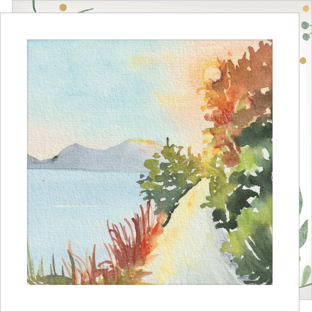 CARTE DOUBLE JOLIE AQUARELLE 15 X 15 - PAYSAGE COTIER AUTOMNE