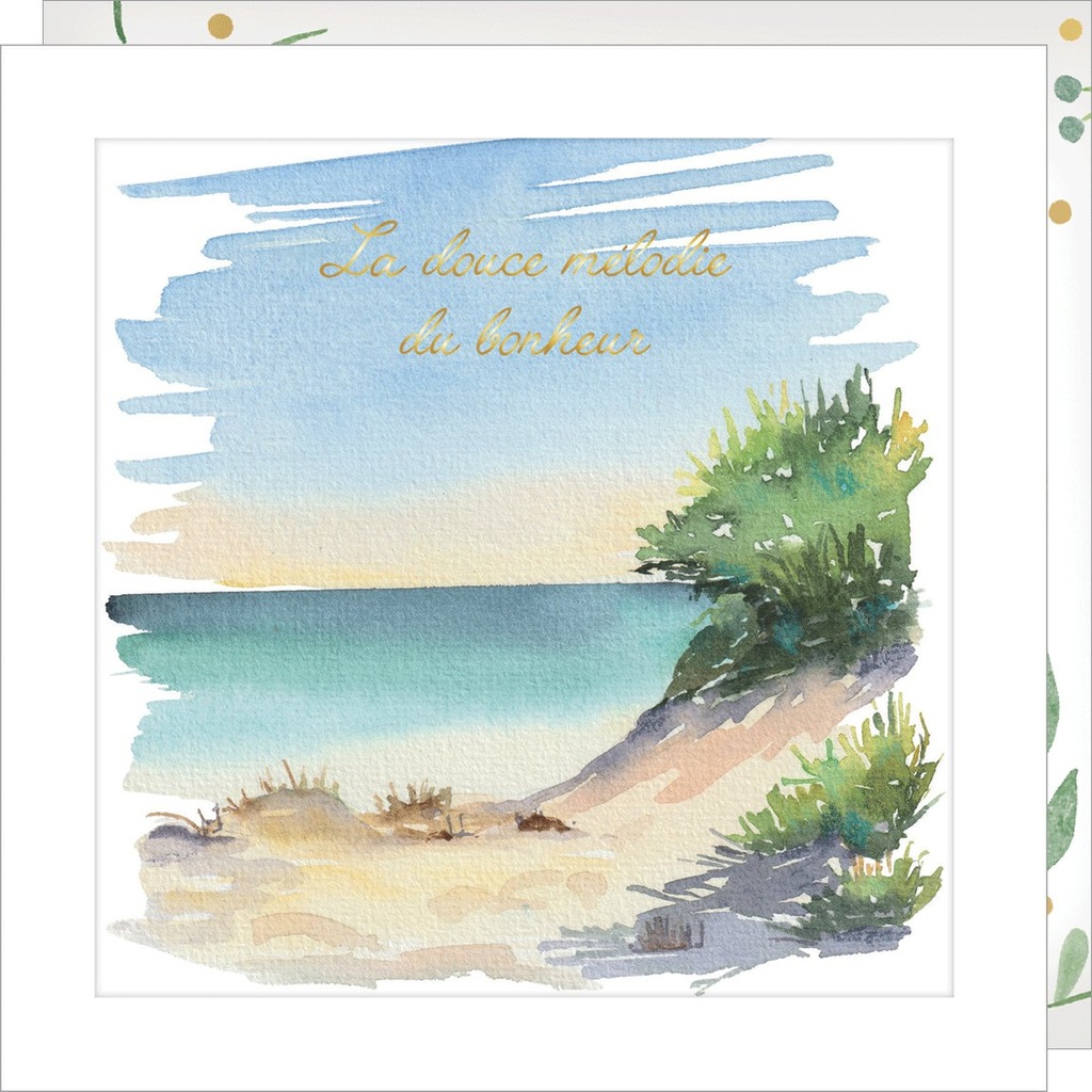 CARTE DOUBLE JOLIE AQUARELLE 15 X 15 - CITATION PLAGE SABLE