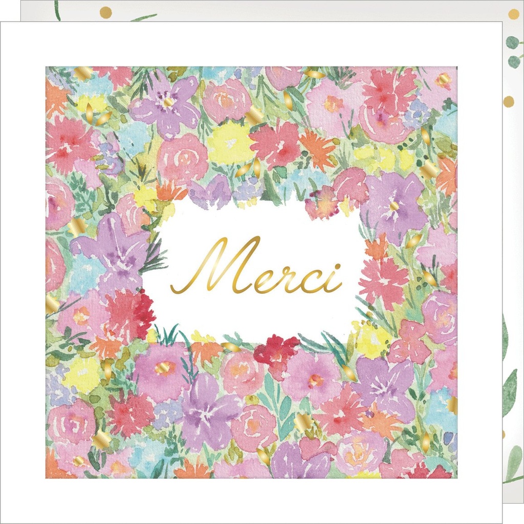 CARTE DOUBLE JOLIE AQUARELLE 15 X 15 - MERCI FLEURS