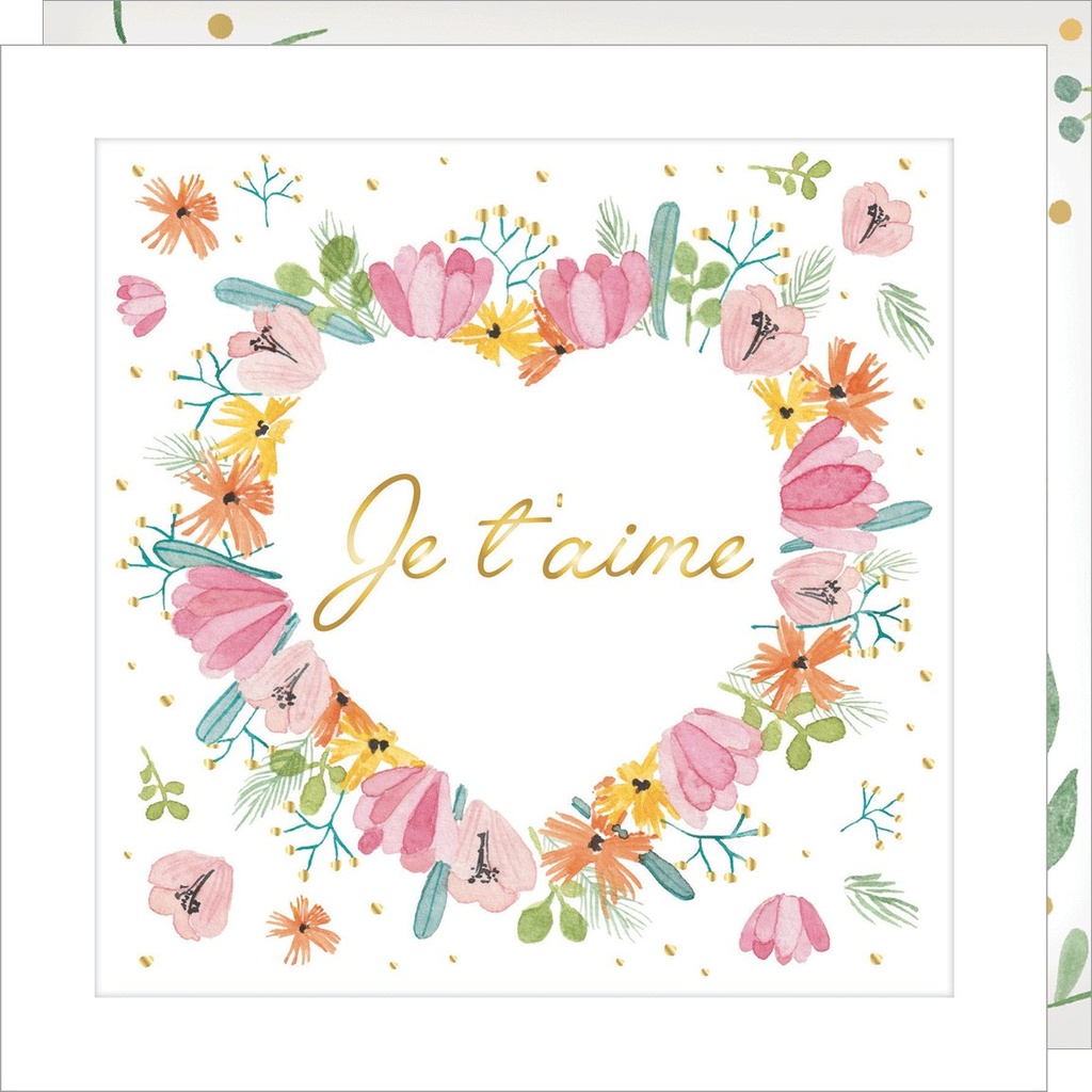 CARTE DOUBLE JOLIE AQUARELLE 15 X 15 - JE T AIME FLEURS