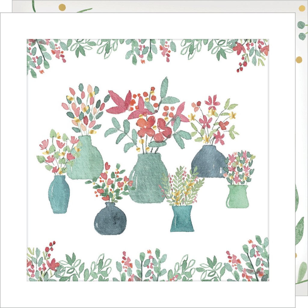 CARTE DOUBLE JOLIE AQUARELLE 15 X 15 - VASES FLEURS