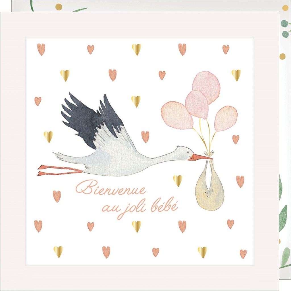 CARTE DOUBLE JOLIE AQUARELLE 15 X 15 - NAISSANCE CIGOGNE