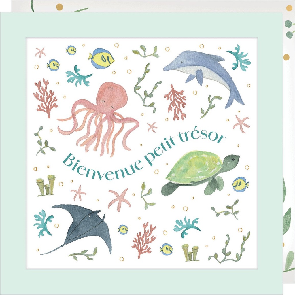 CARTE DOUBLE JOLIE AQUARELLE 15 X 15 - NAISSANCE TRESOR