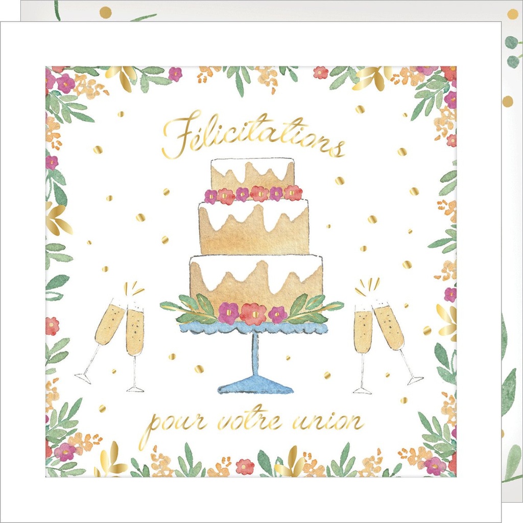 CARTE DOUBLE JOLIE AQUARELLE 15 X 15 - MARIAGE GATEAU