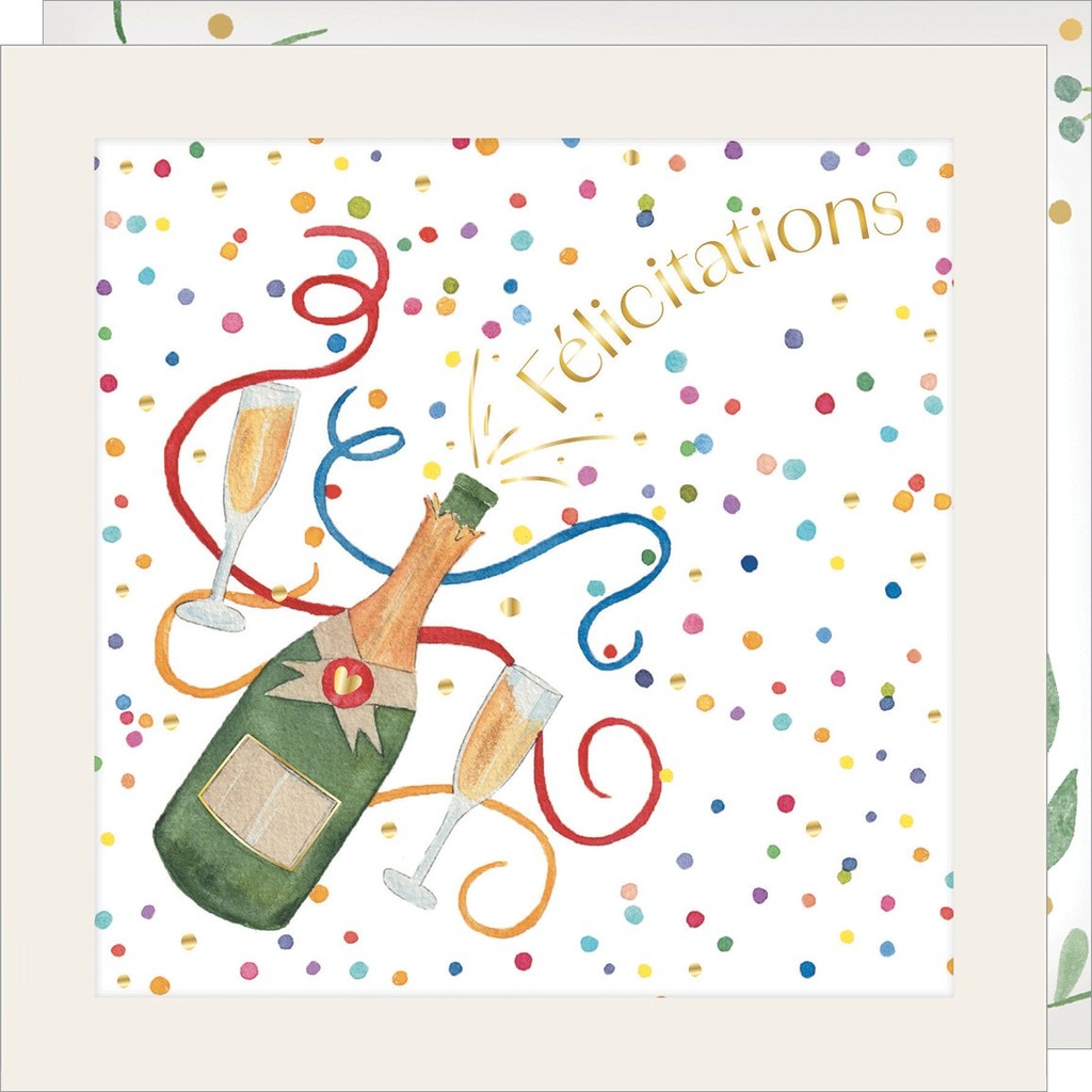 CARTE DOUBLE JOLIE AQUARELLE 15 X 15 - FELICITATION BOUTEILLE