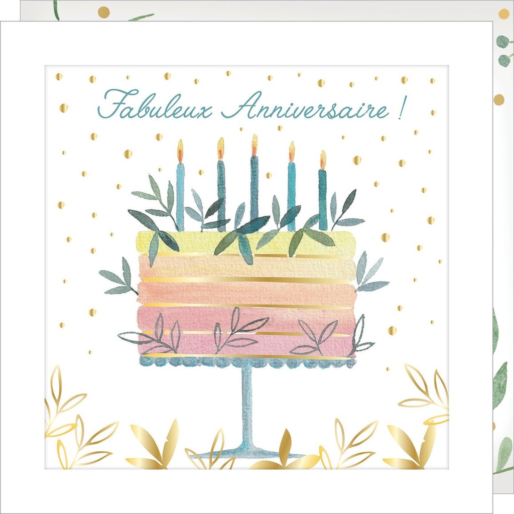 CARTE DOUBLE JOLIE AQUARELLE 15 X 15 - ANNIVERSAIRE GATEAU