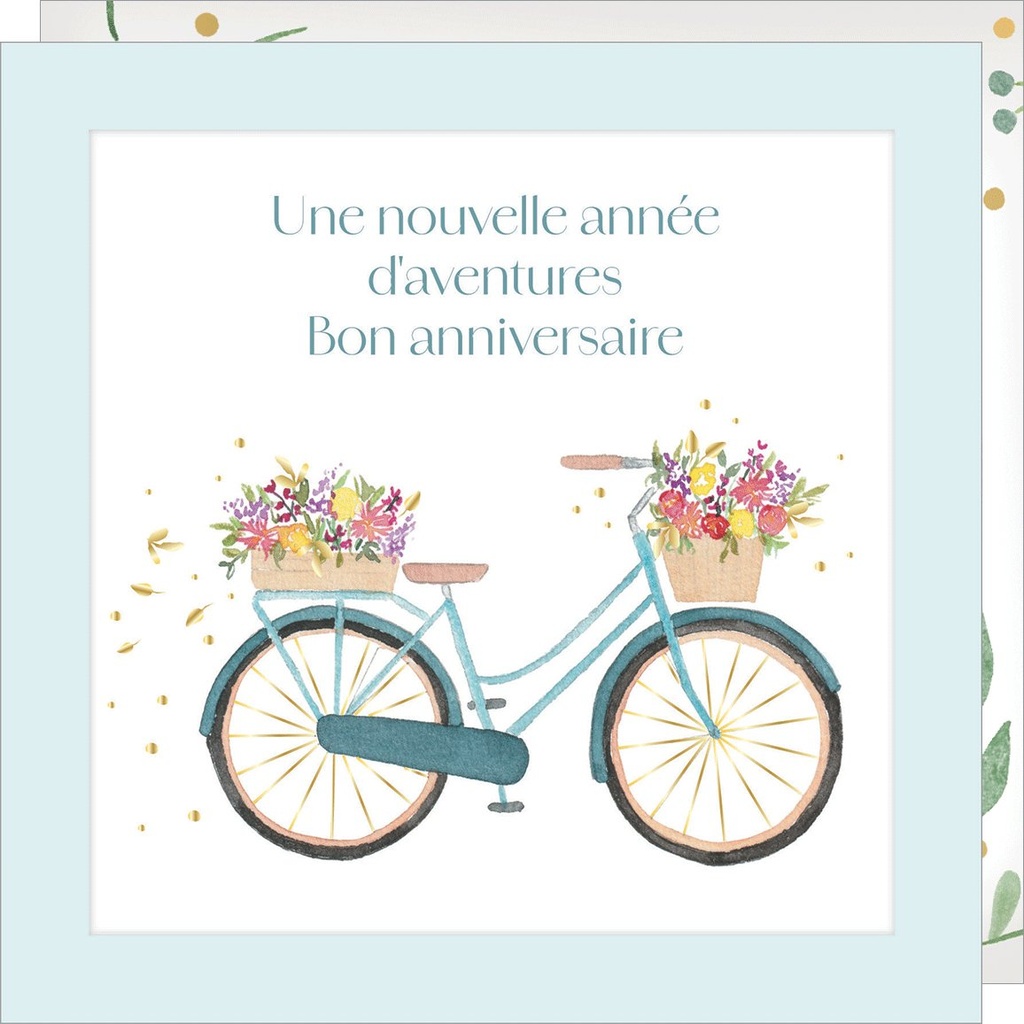 CARTE DOUBLE JOLIE AQUARELLE 15 X 15 - ANNIVERSAIRE VELO