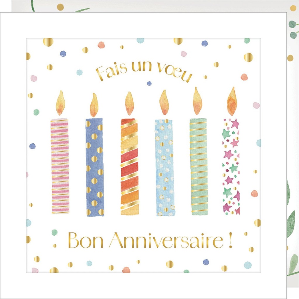 CARTE DOUBLE JOLIE AQUARELLE 15 X 15 - ANNIVERSAIRE BOUGIE