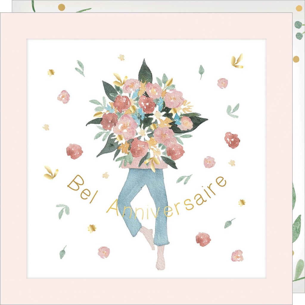 CARTE DOUBLE JOLIE AQUARELLE 15 X 15 - ANNIVERSAIRE BOUQUET
