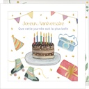 CARTE DOUBLE JOLIE AQUARELLE 15 X 15 - ANNIVERSAIRE GATEAU PATINS