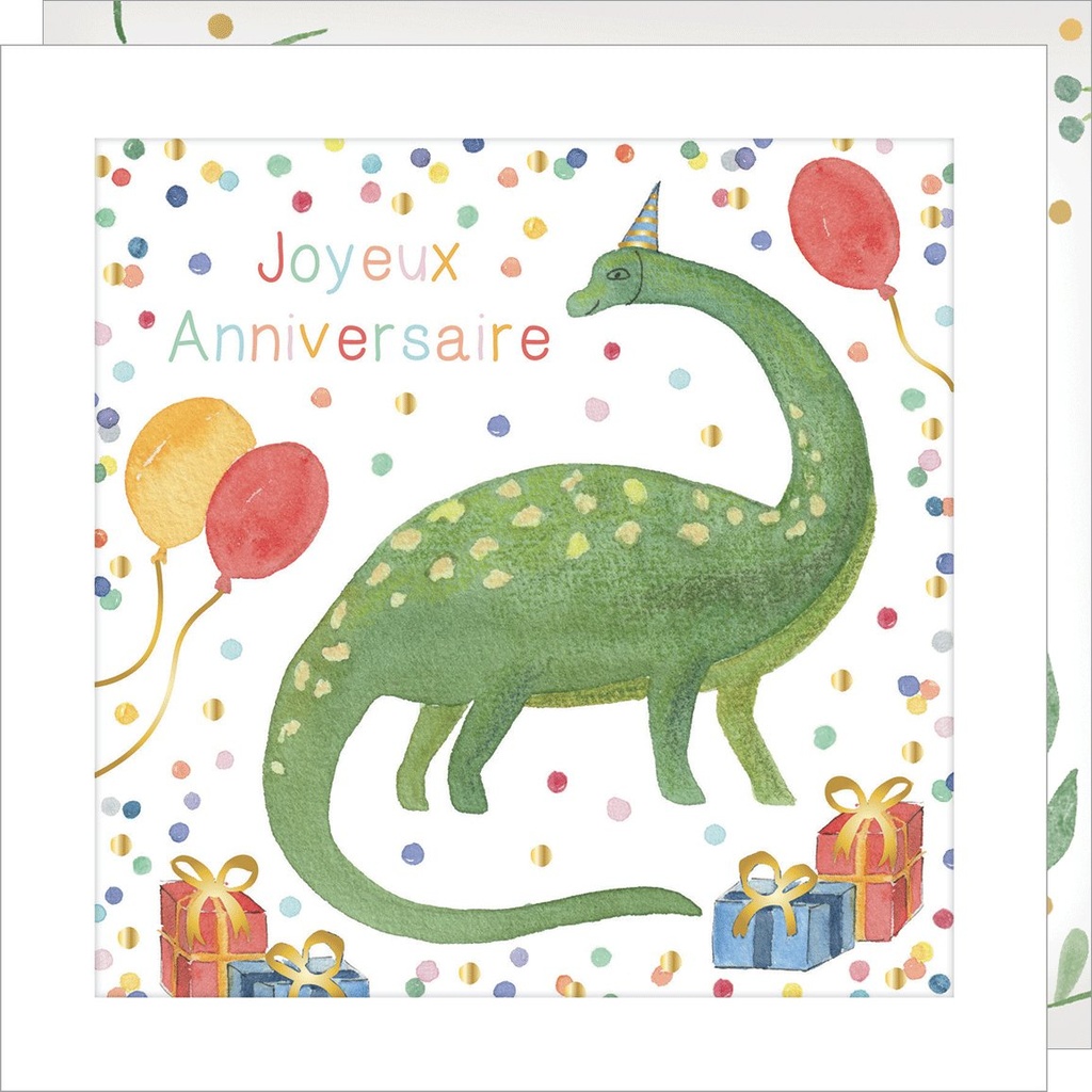 CARTE DOUBLE JOLIE AQUARELLE 15 X 15 - ANNIVERSAIRE DINOSAURES