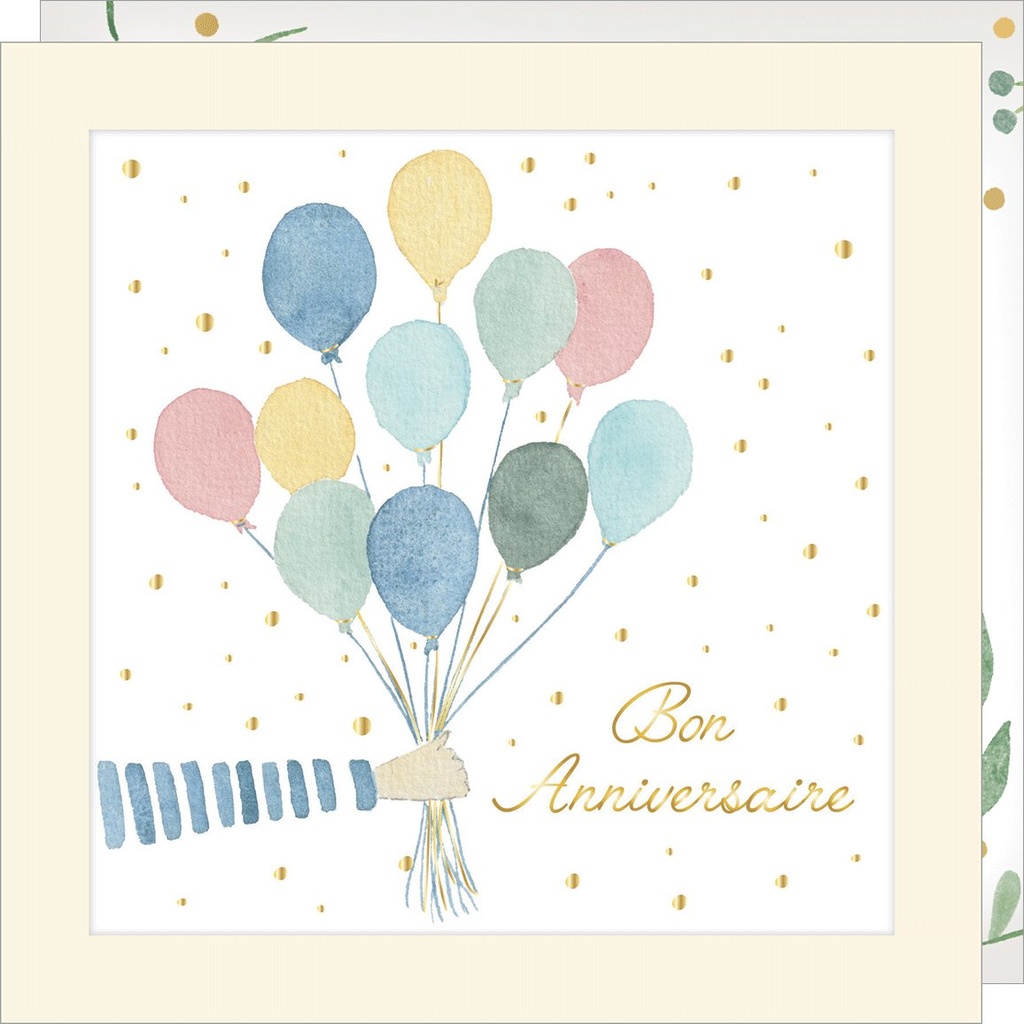 CARTE DOUBLE JOLIE AQUARELLE 15 X 15 - ANNIVERSAIRE BALLONS