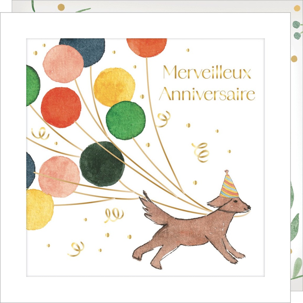 CARTE DOUBLE JOLIE AQUARELLE 15 X 15 - ANNIVERSAIRE CHIEN