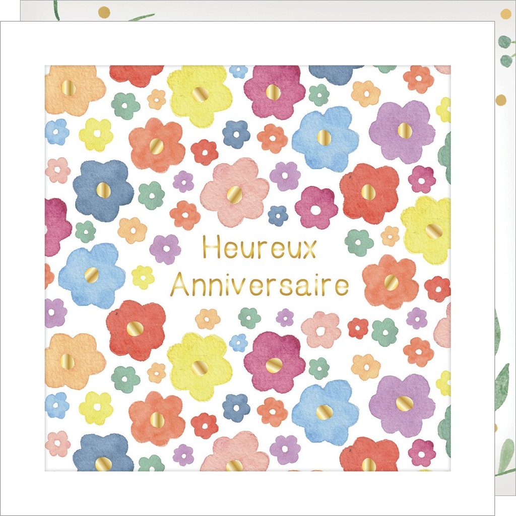 CARTE DOUBLE JOLIE AQUARELLE 15 X 15 - ANNIVERSAIRE FLEURS PRINT