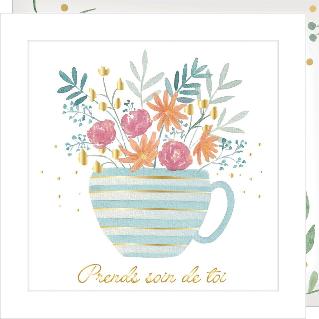 CARTE DOUBLE JOLIE AQUARELLE 15 X 15 - TASSE FLEURS