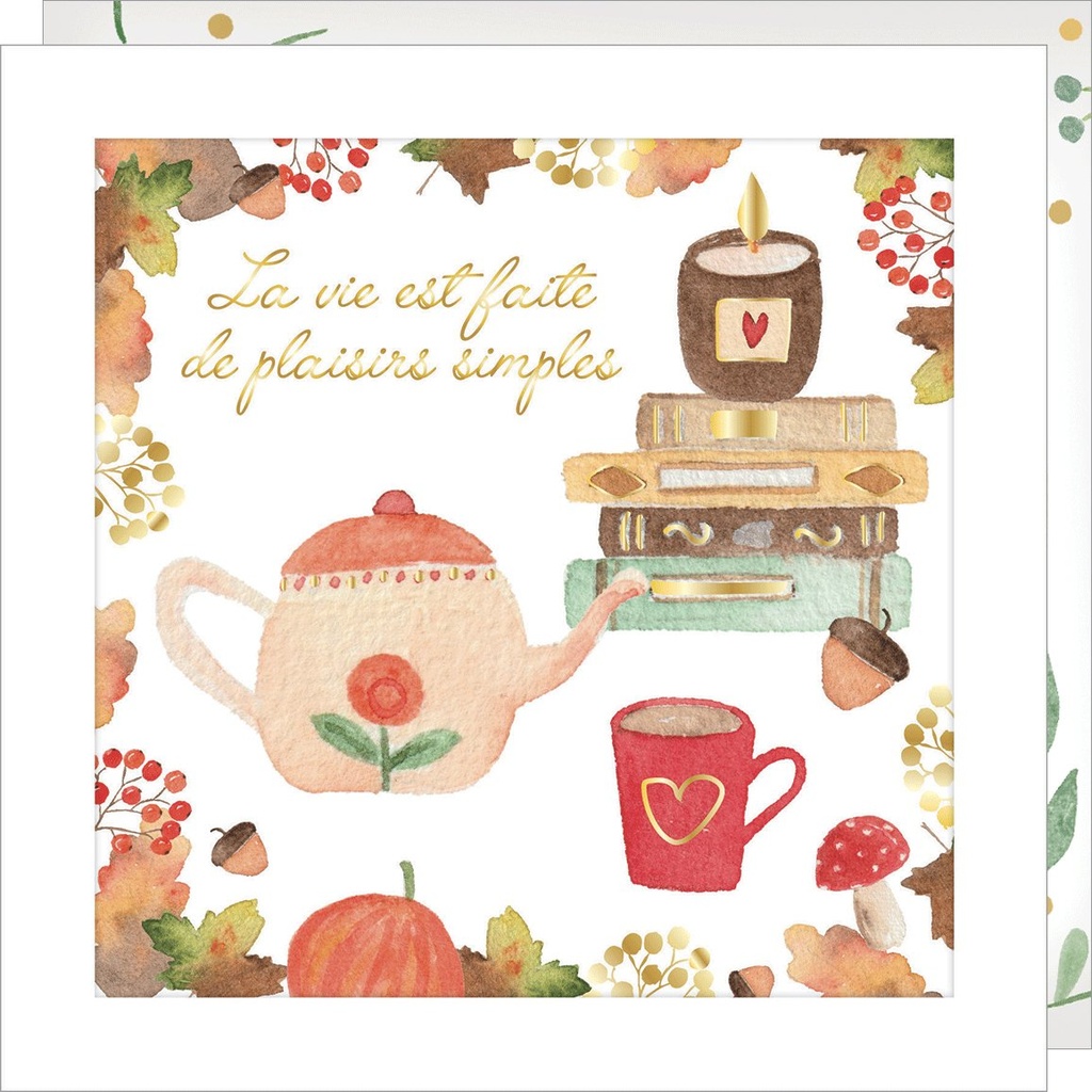 CARTE DOUBLE JOLIE AQUARELLE 15 X 15 - PLAISIRS AUTOMNE