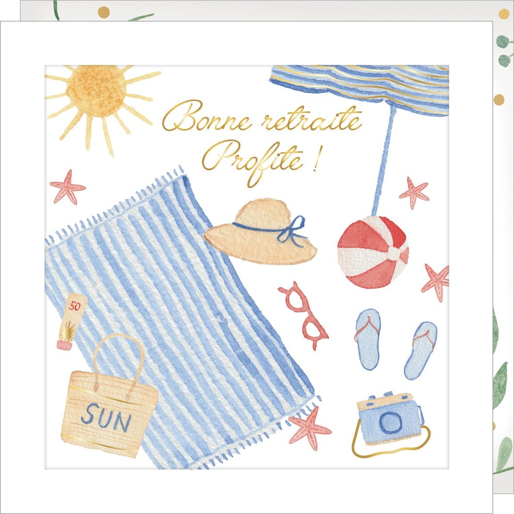 CARTE DOUBLE JOLIE AQUARELLE 15 X 15 - RETRAITE PLAGE