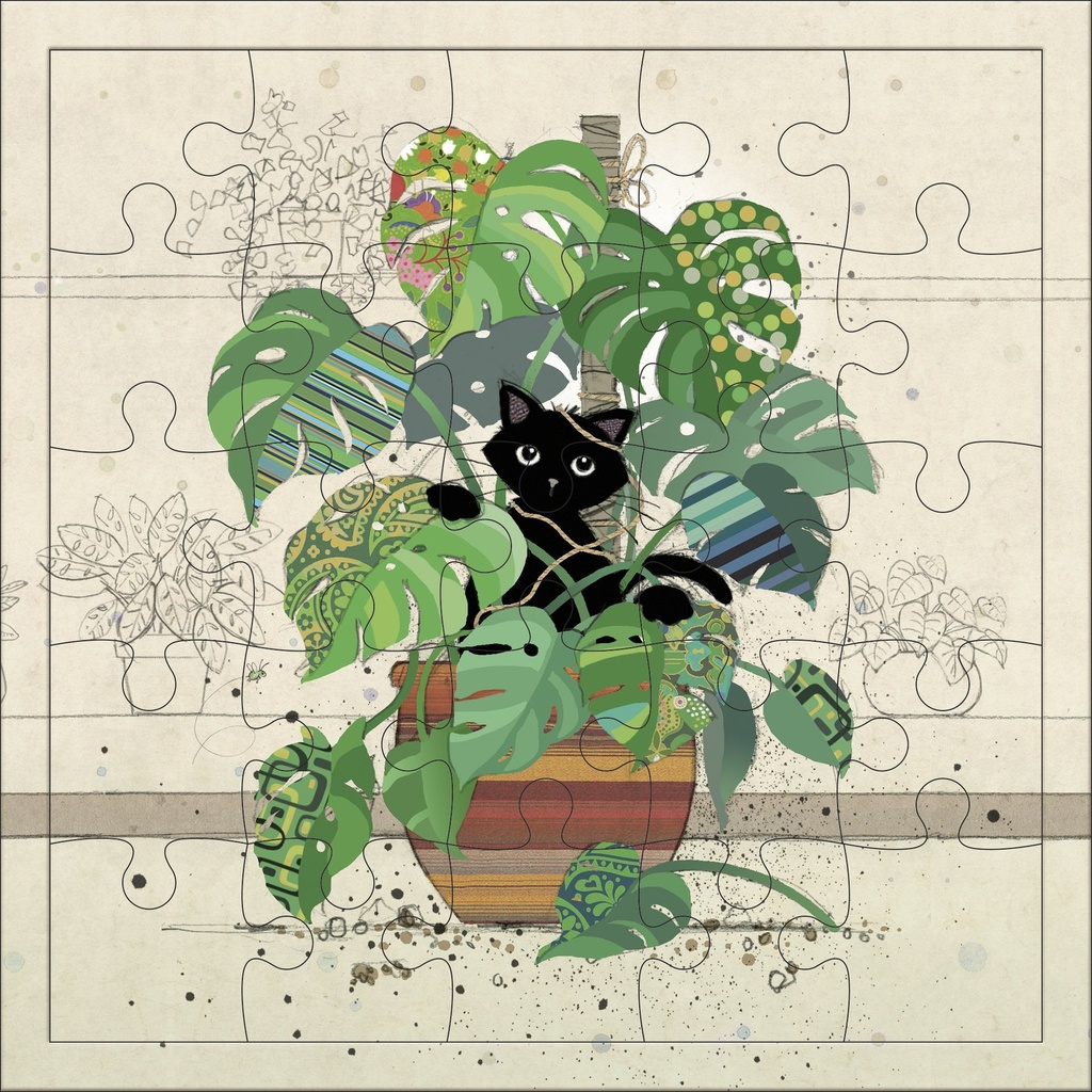CARTE PUZZLE CARREE 17,5 CM BUG ART CHATON MONSTERA