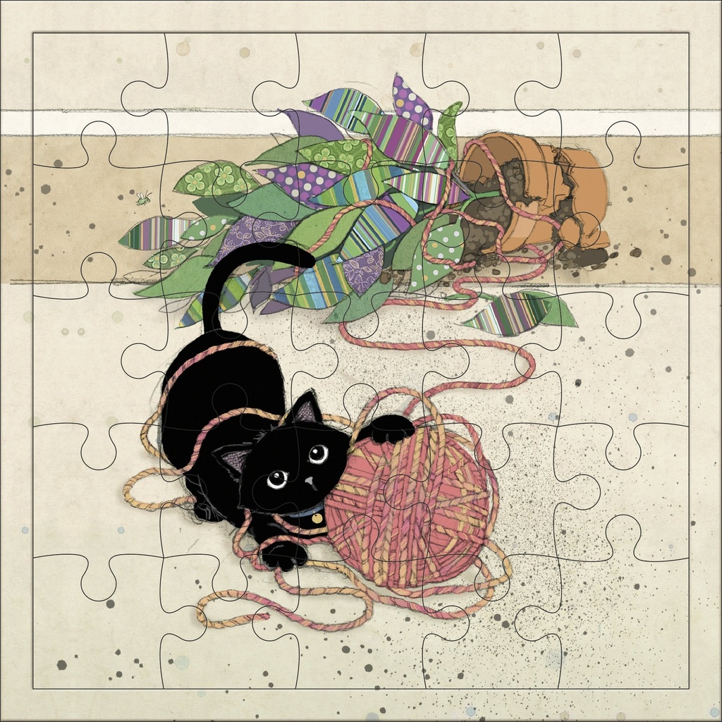 CARTE PUZZLE CARREE 17,5 CM BUG ART CHATON PELOTE